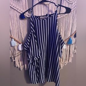 Plus size vertical stripe cut out shoulder blouse